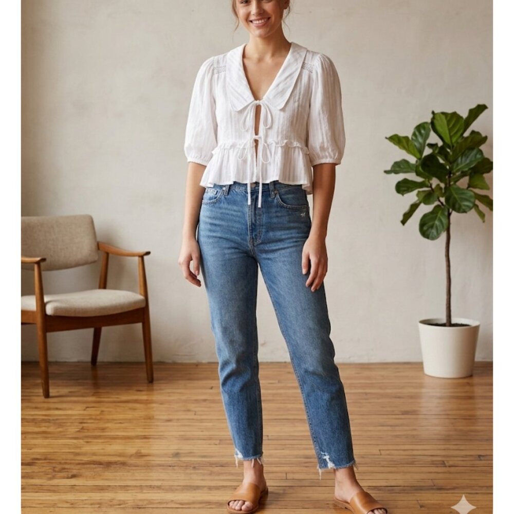 Band of the Free -White Cotton Gauze Tie Front Peplum Blouse‎ Puff Sleeve Small